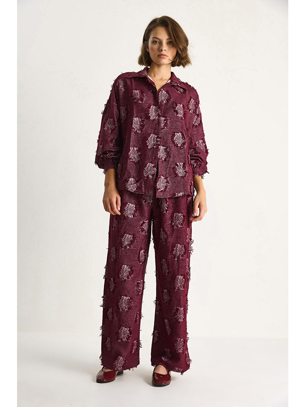 Bordo Kadın Oversize Gömlek Beli Lastikli Pantolon Saçaklı Dokuma Alt-Üst Takım-3