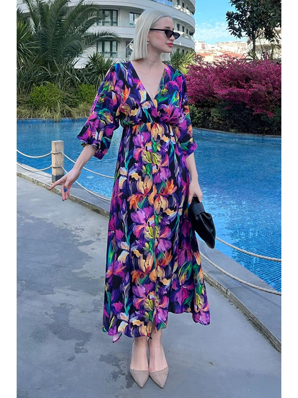 Mor Uzun V Yaka Desenli Kadın Elbise Mg2076-3