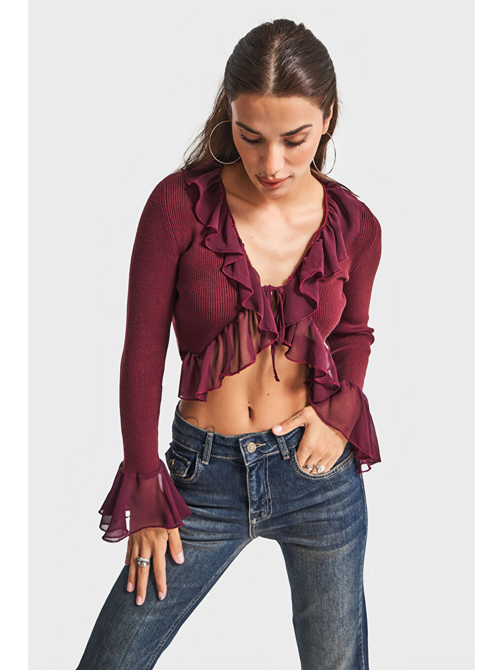 Kadın Bordo Renk w5-35 BT25 Triko Örme Kumaş Şifon Detaylı Volanlı Hırka Bluz-1