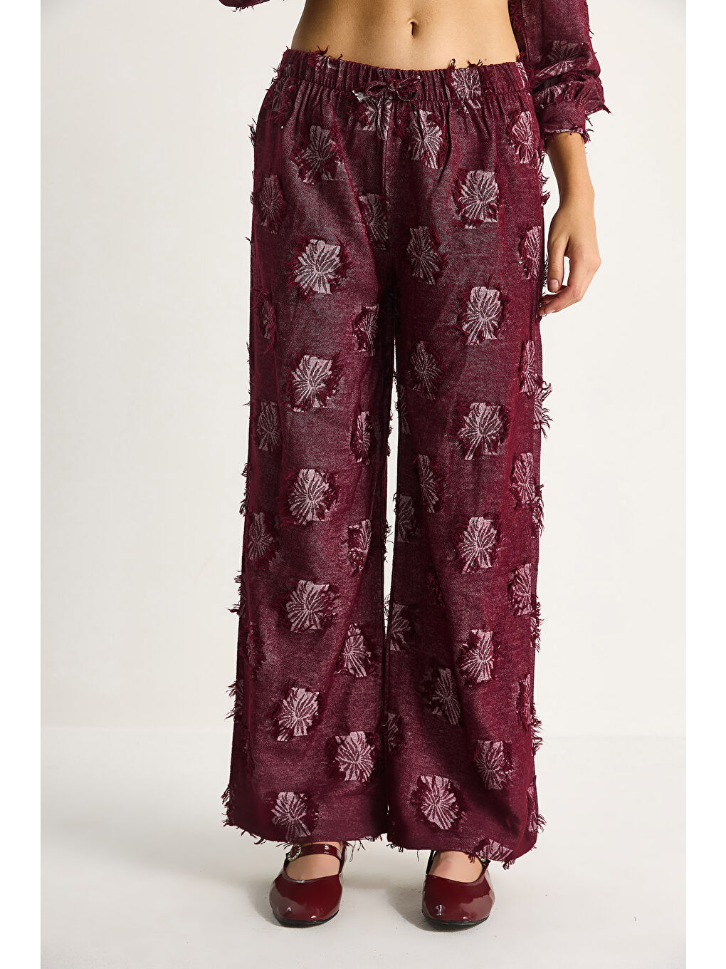 Bordo Kadın Oversize Gömlek Beli Lastikli Pantolon Saçaklı Dokuma Alt-Üst Takım-4