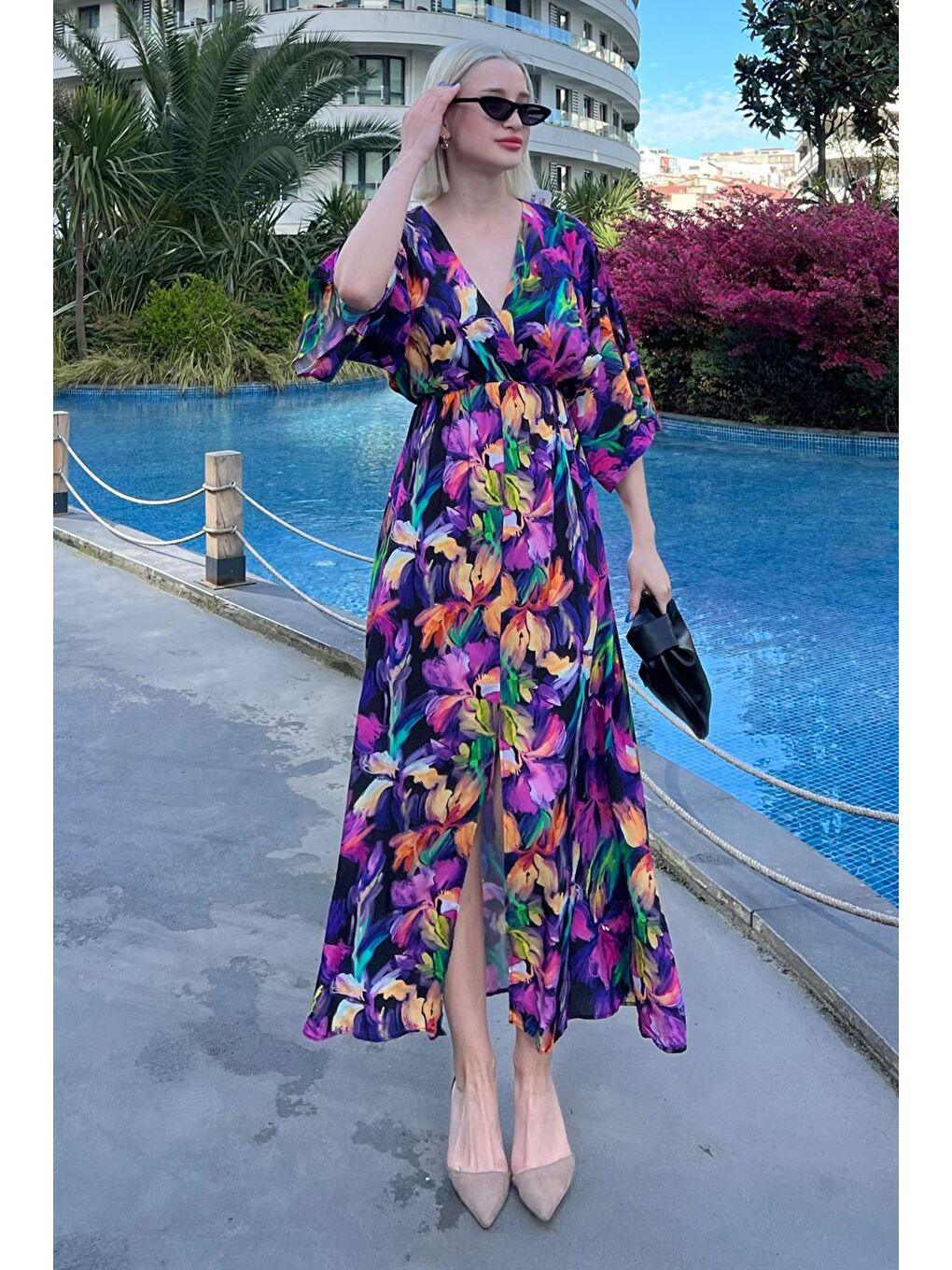 Mor Uzun V Yaka Desenli Kadın Elbise Mg2076-4