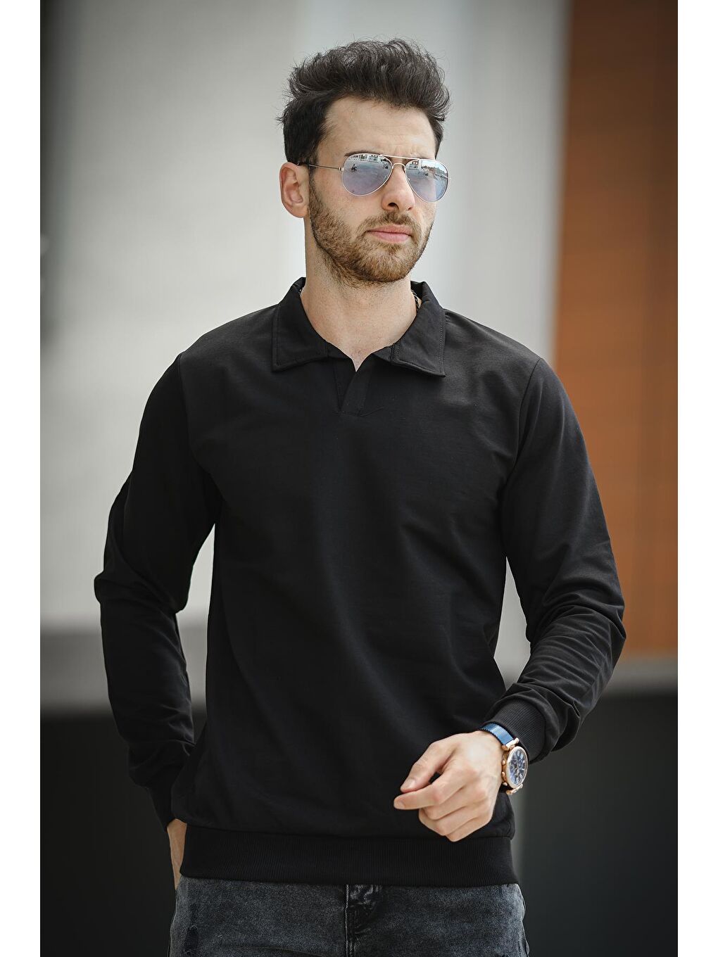 Siyah Hoek Slim Fit Patlı Yakalı Erkek Sweatshirt