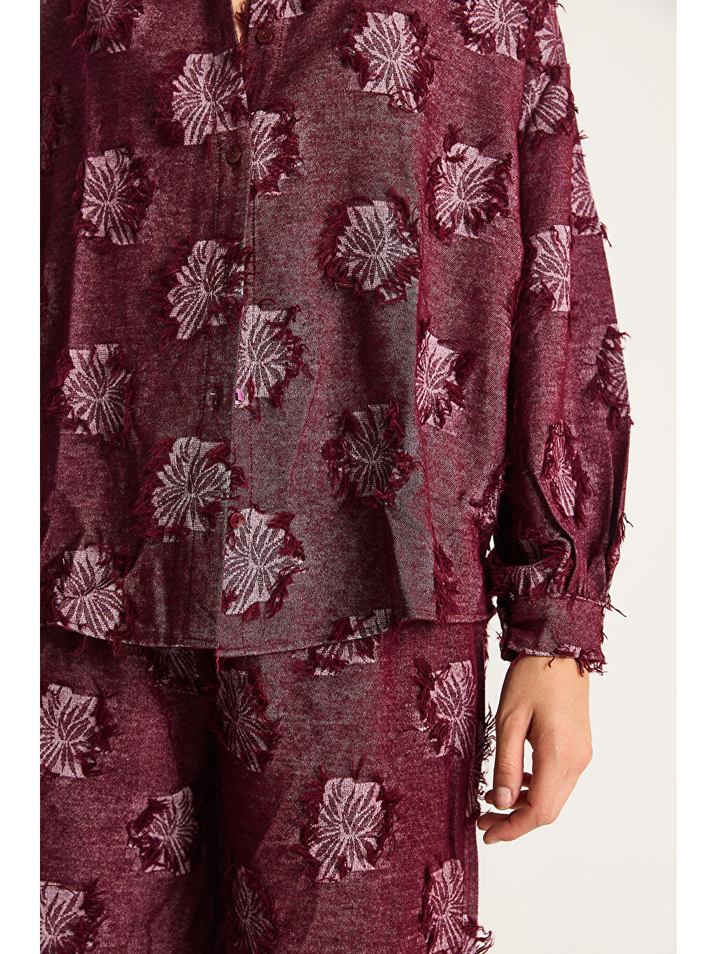 Bordo Kadın Oversize Gömlek Beli Lastikli Pantolon Saçaklı Dokuma Alt-Üst Takım-5