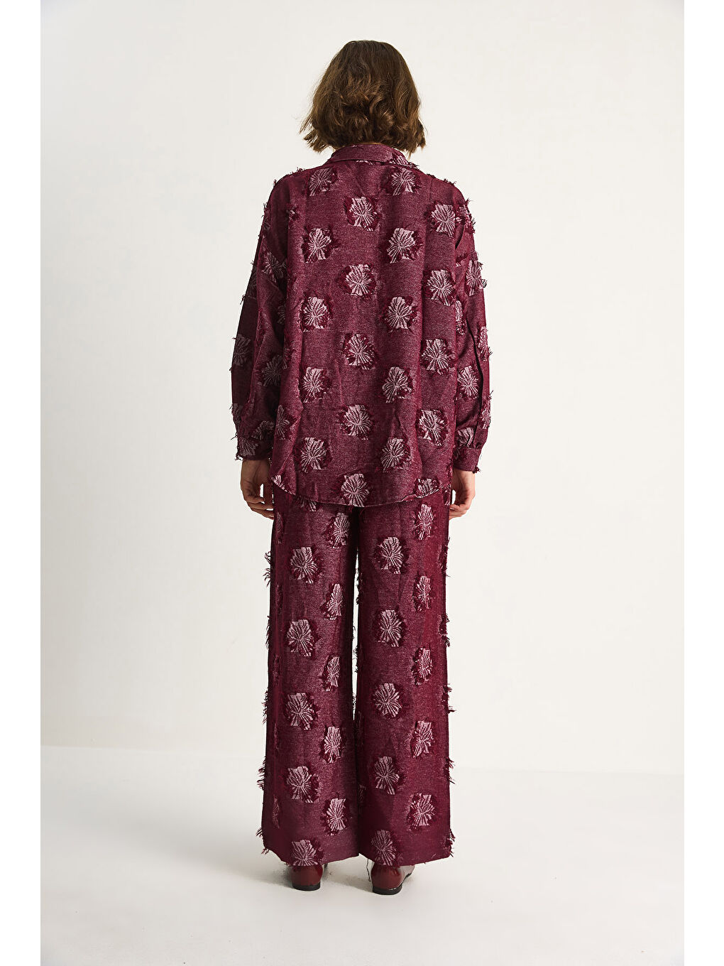Bordo Kadın Oversize Gömlek Beli Lastikli Pantolon Saçaklı Dokuma Alt-Üst Takım-6