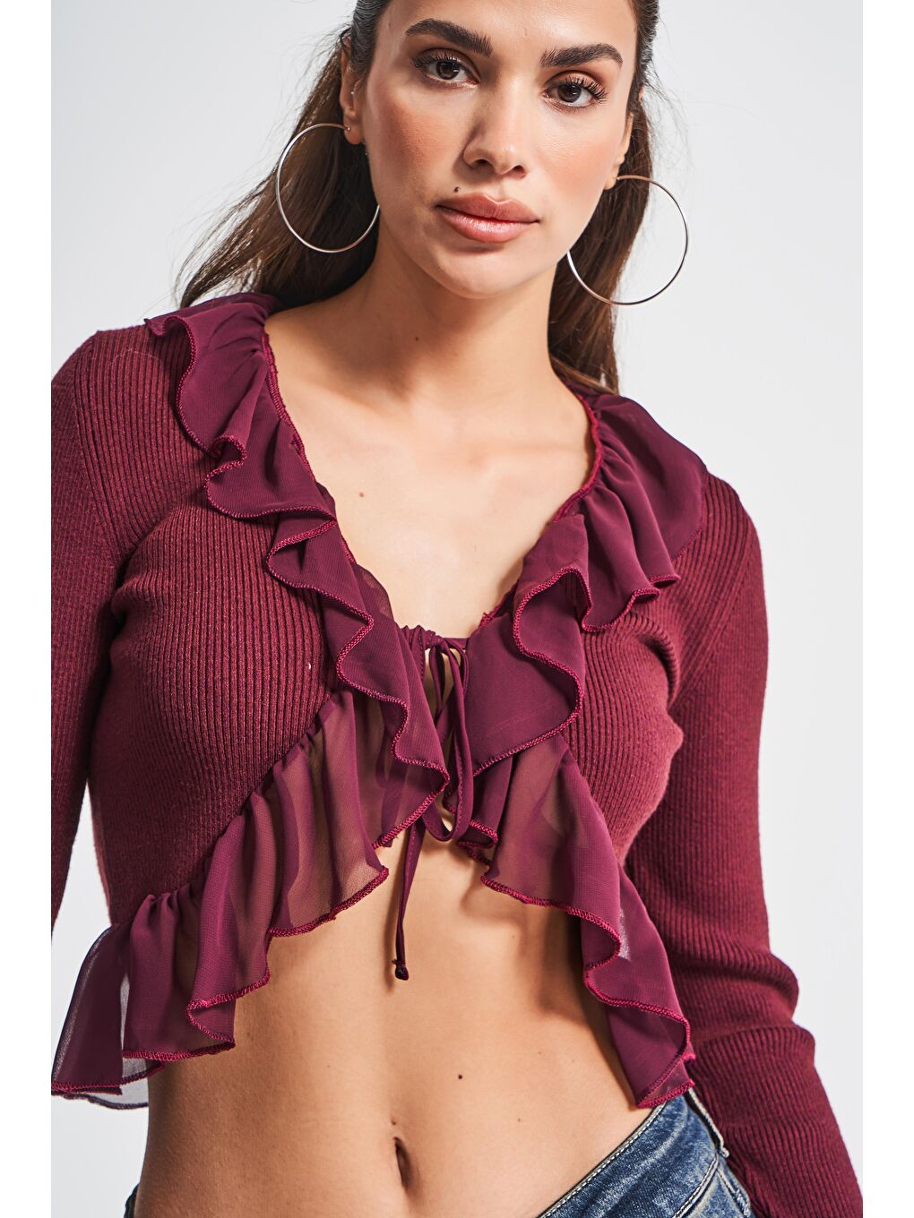 Kadın Bordo Renk w5-35 BT25 Triko Örme Kumaş Şifon Detaylı Volanlı Hırka Bluz-2