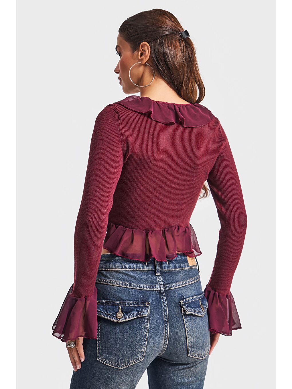 Kadın Bordo Renk w5-35 BT25 Triko Örme Kumaş Şifon Detaylı Volanlı Hırka Bluz-3