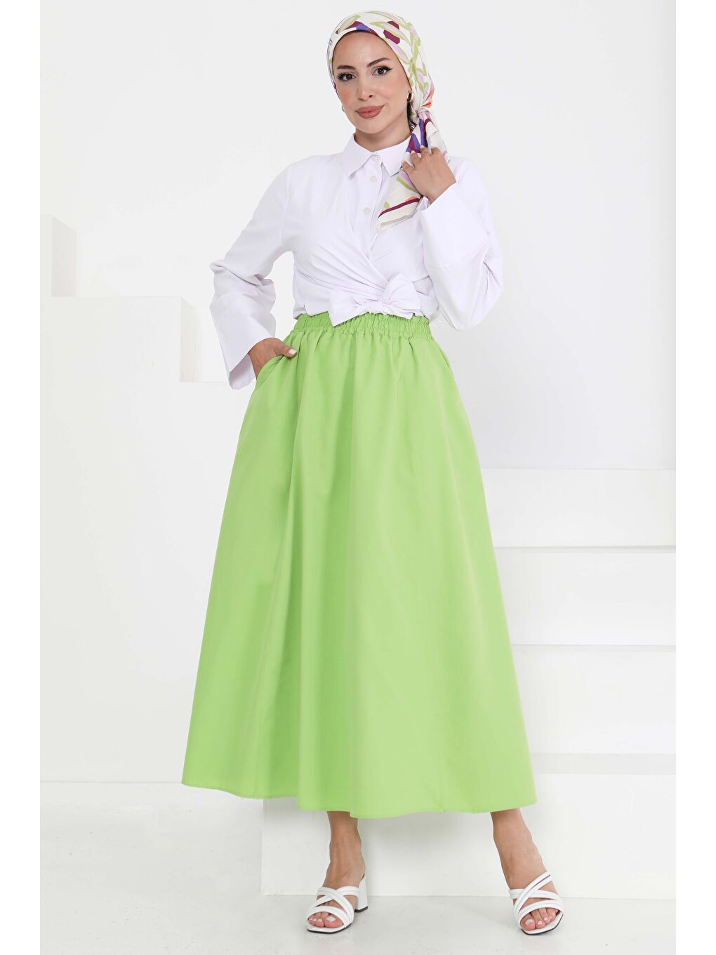 Yeşil Cepli Keten Etek Fistik Yesili - 27294-1