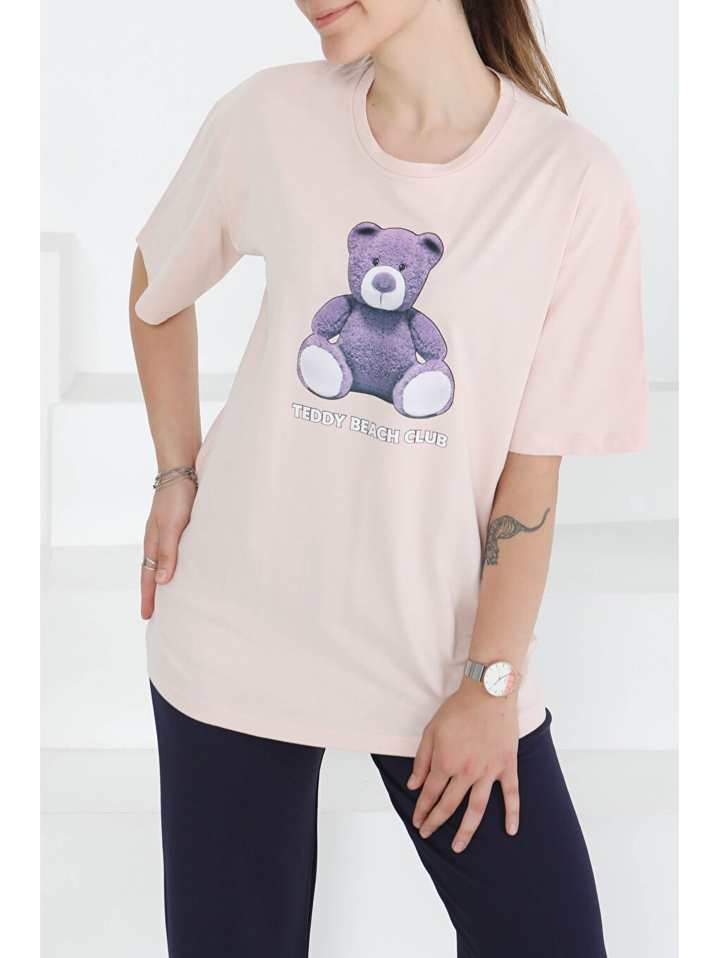 Pembe Baskılı Kısa Kollu T-Şhirt Pudra - 27347-1