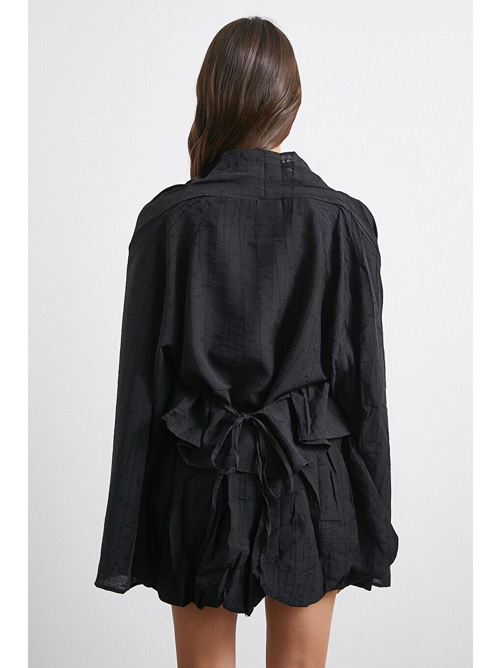 Geniş Kol Önden Bağlamalı Bluz Siyah-5