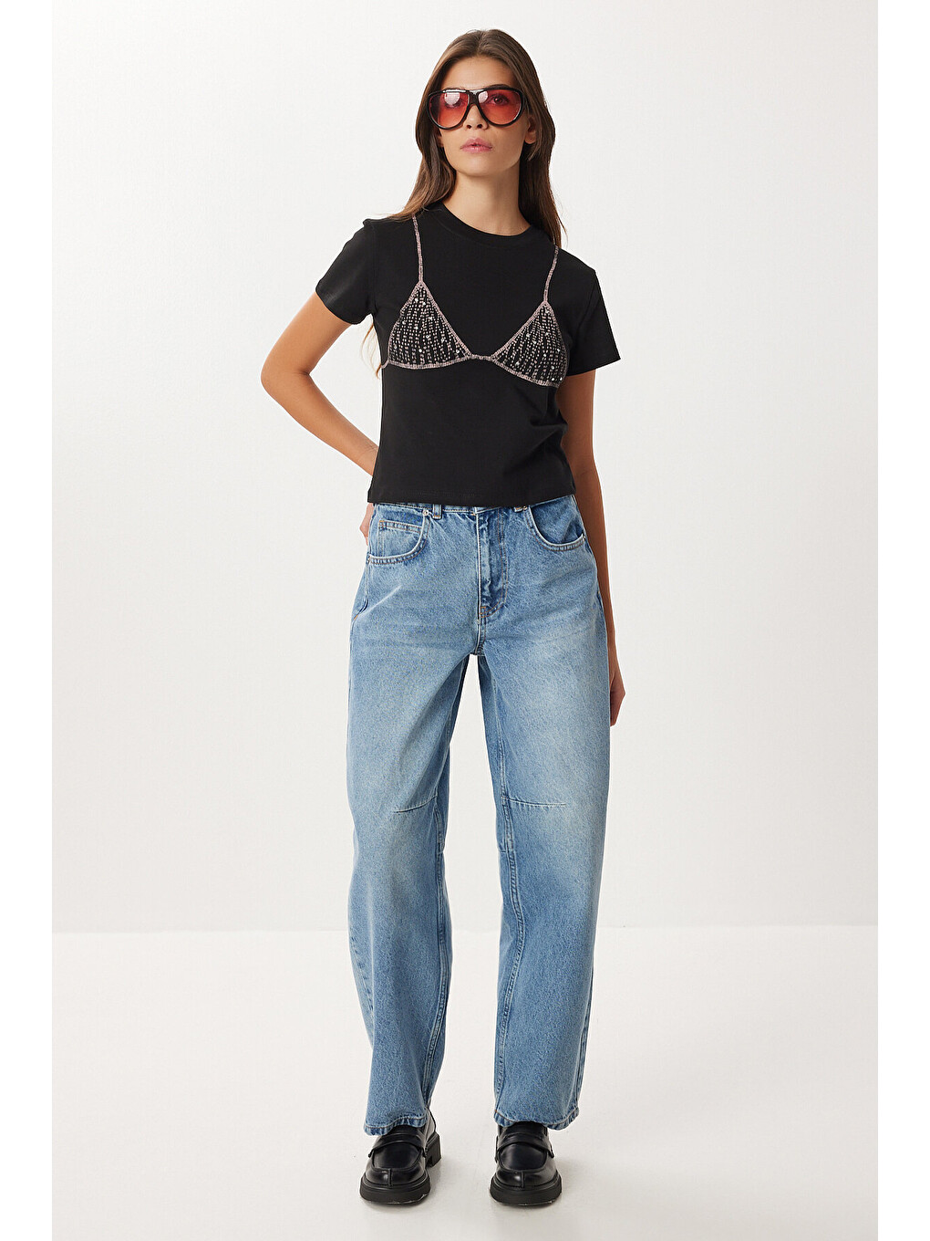Mavi Yüksek Bel Balon Baggy Jean P0112 ORTA MAVİ LRI0018