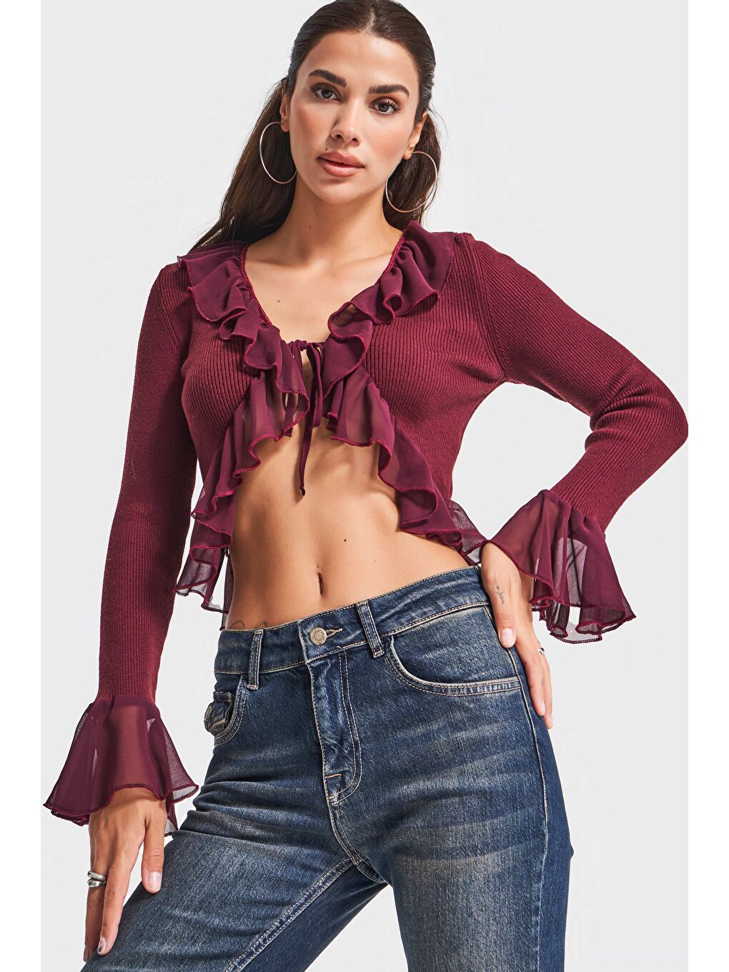 Kadın Bordo Renk w5-35 BT25 Triko Örme Kumaş Şifon Detaylı Volanlı Hırka Bluz-4
