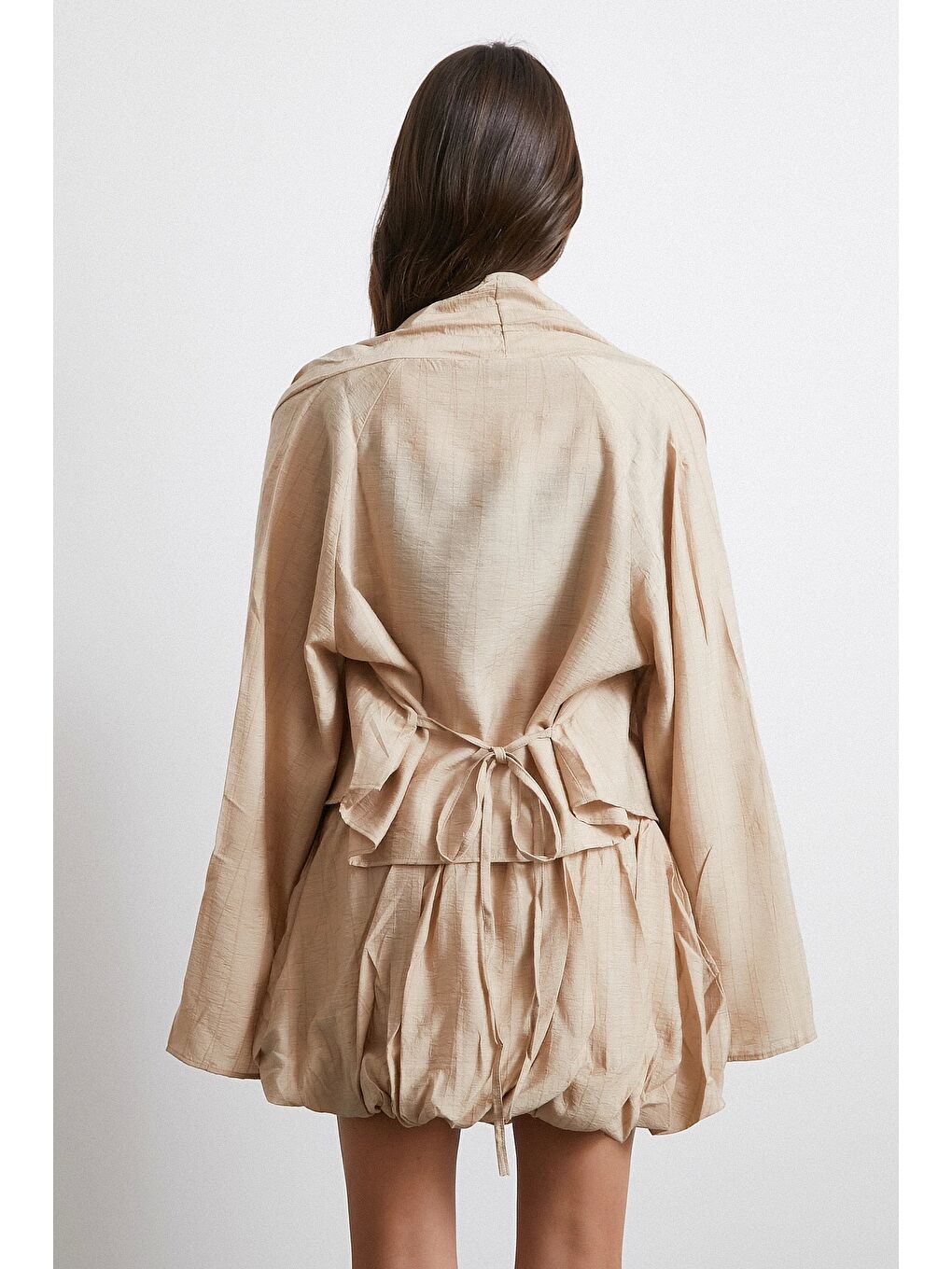 Geniş Kol Önden Bağlamalı Bluz Bej-5