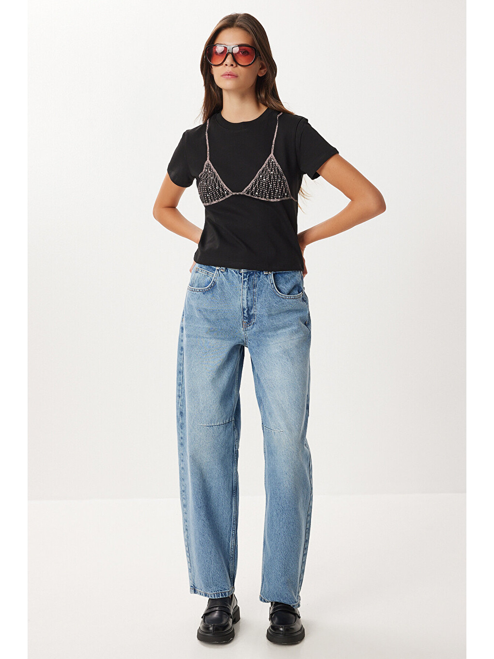 Mavi Yüksek Bel Balon Baggy Jean P0112 ORTA MAVİ LRI0018-1