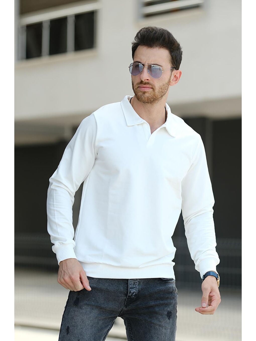 Beyaz Hoek Slim Fit Patlı Yakalı Erkek Sweatshirt