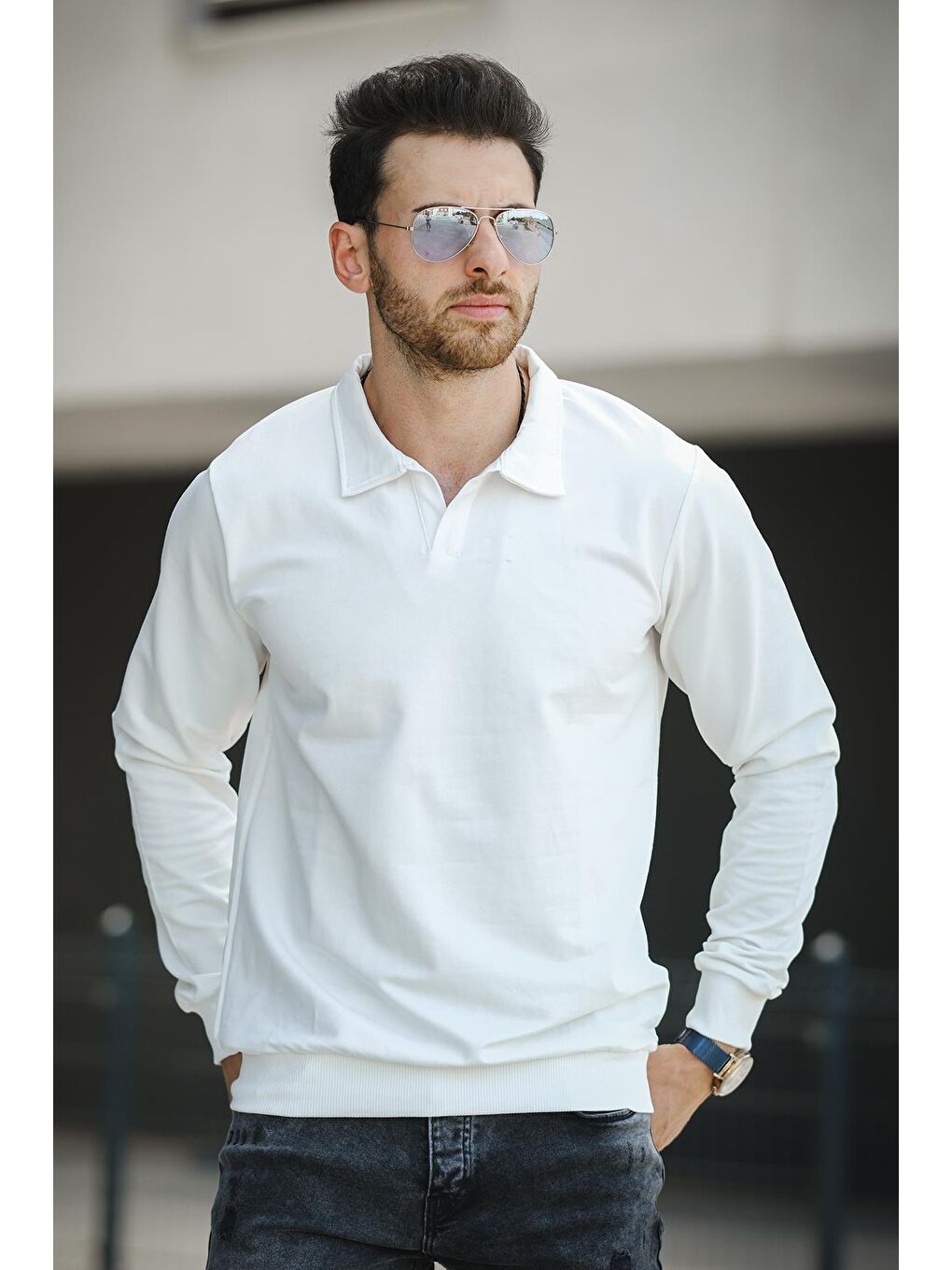 Beyaz Hoek Slim Fit Patlı Yakalı Erkek Sweatshirt-1