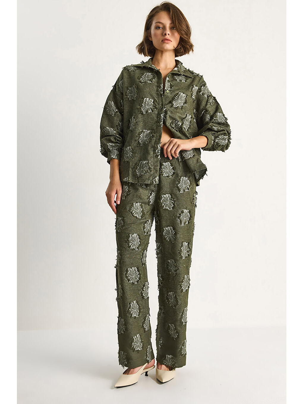 Haki Kadın Oversize Gömlek Beli Lastikli Pantolon Saçaklı Dokuma Alt-Üst Takım