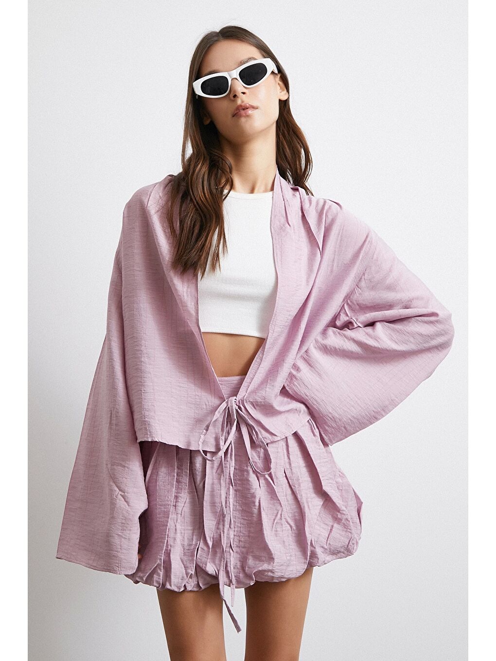 Geniş Kol Önden Bağlamalı Bluz Lila-1