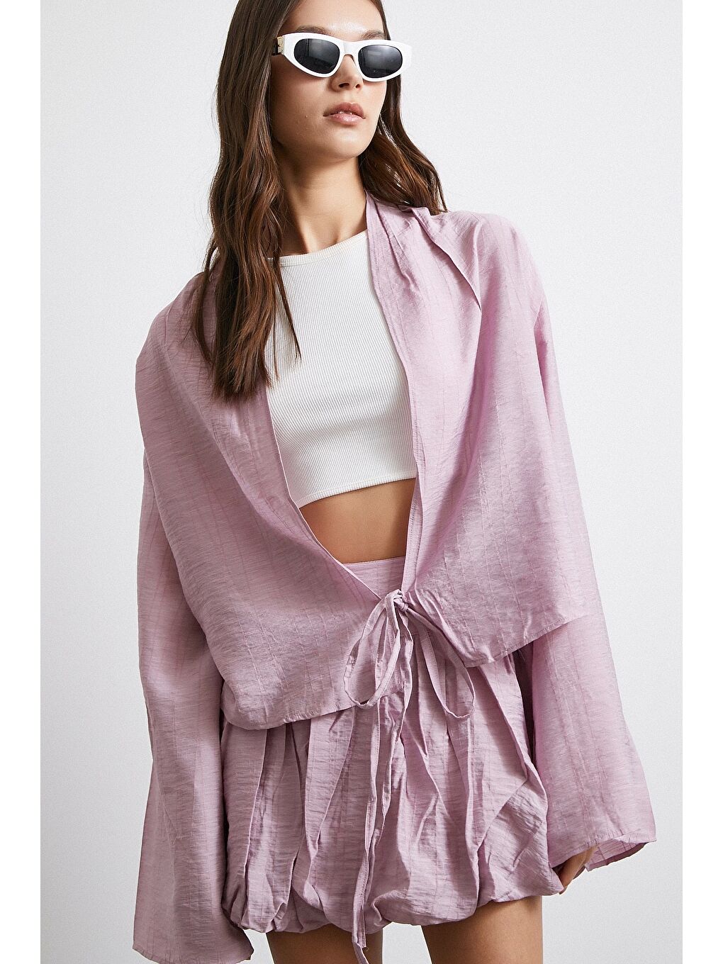 Geniş Kol Önden Bağlamalı Bluz Lila-2