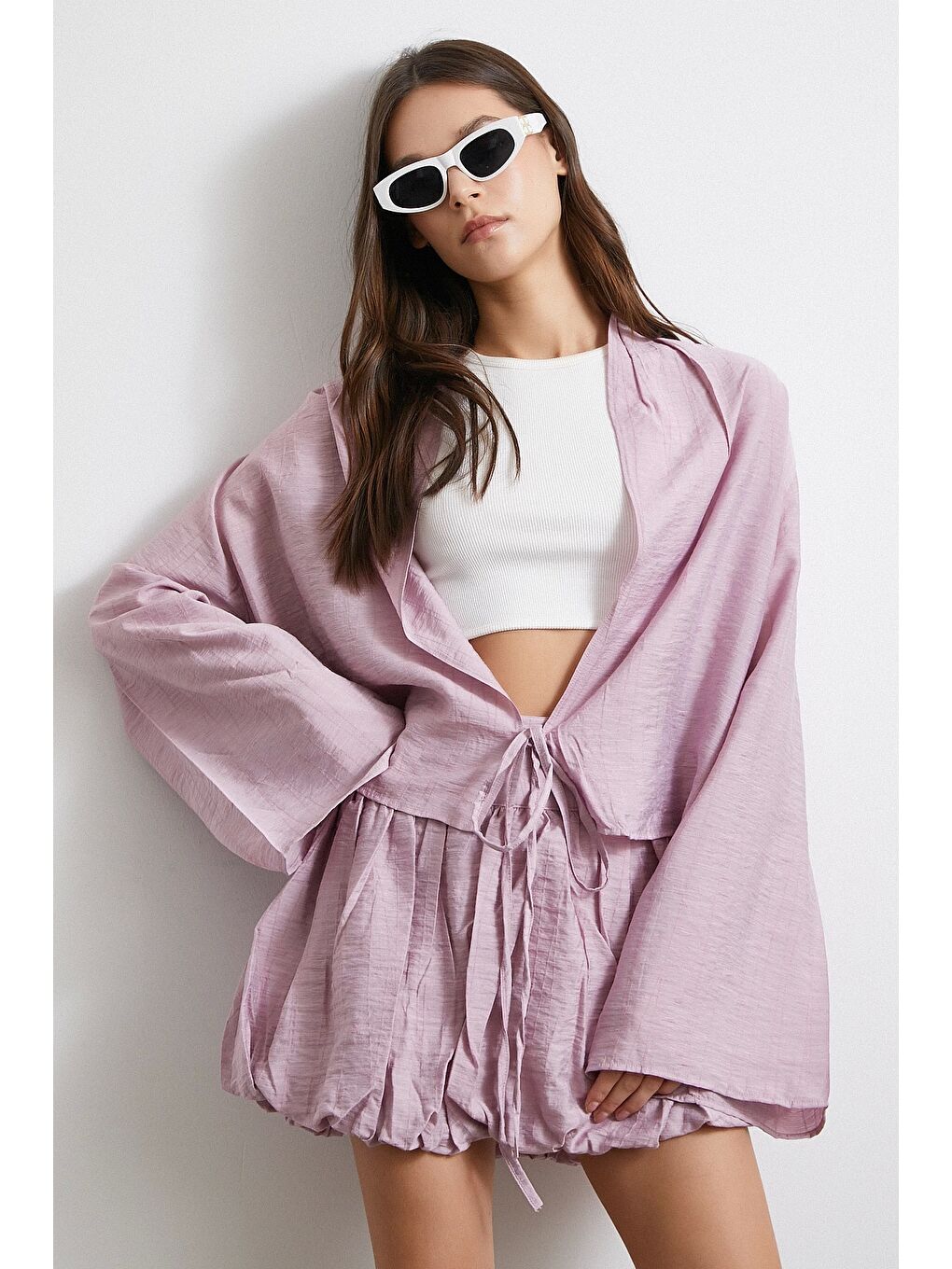 Geniş Kol Önden Bağlamalı Bluz Lila-3