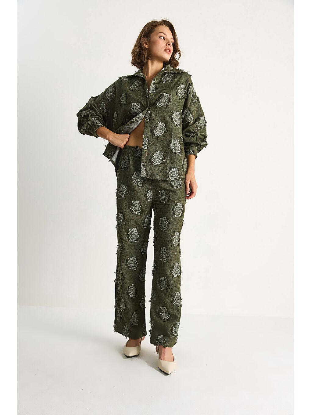 Haki Kadın Oversize Gömlek Beli Lastikli Pantolon Saçaklı Dokuma Alt-Üst Takım-1