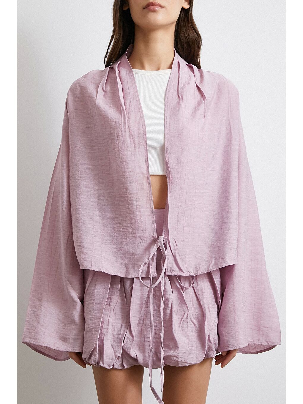 Geniş Kol Önden Bağlamalı Bluz Lila-4