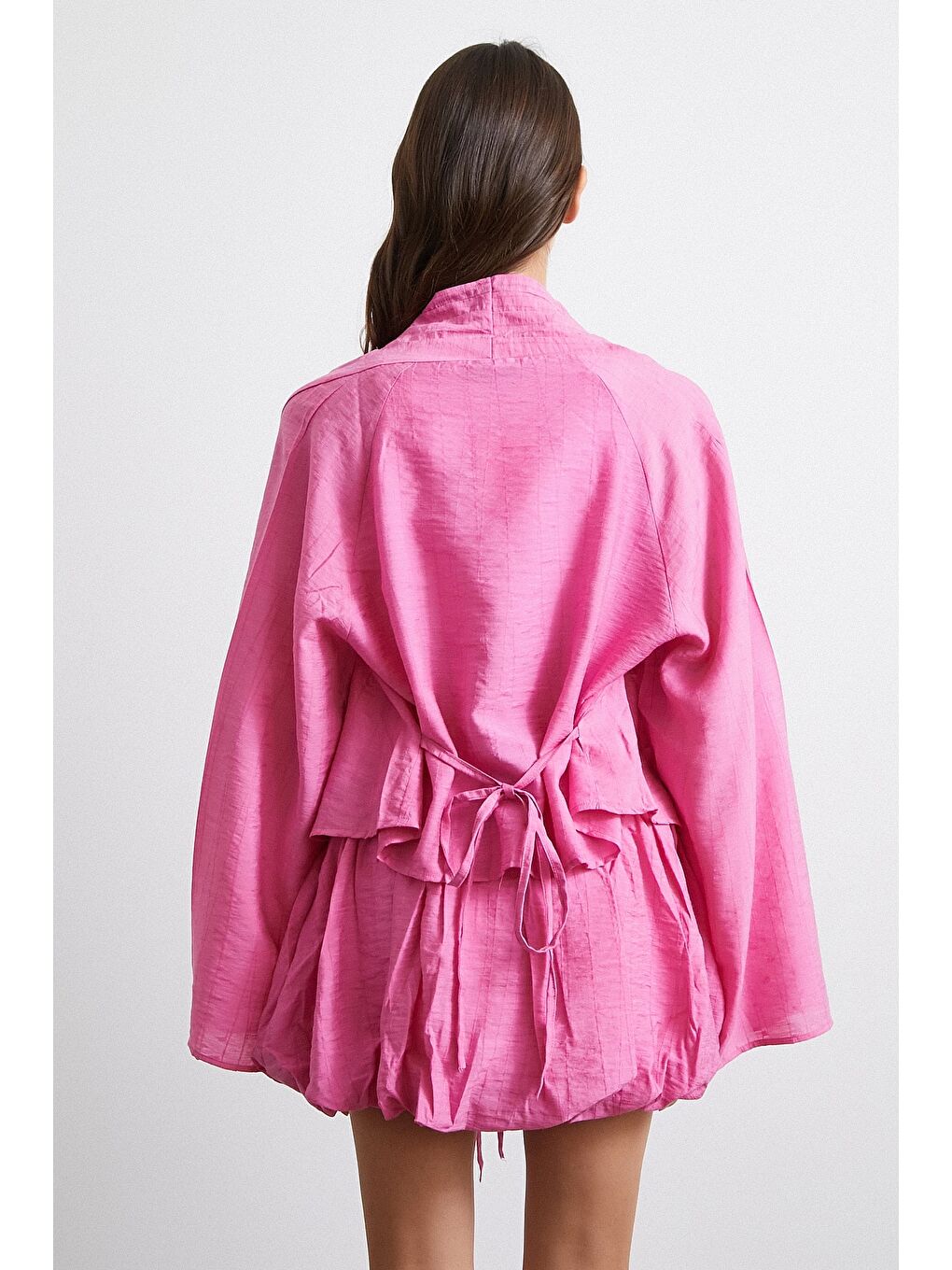 Geniş Kol Önden Bağlamalı Bluz Pembe-5