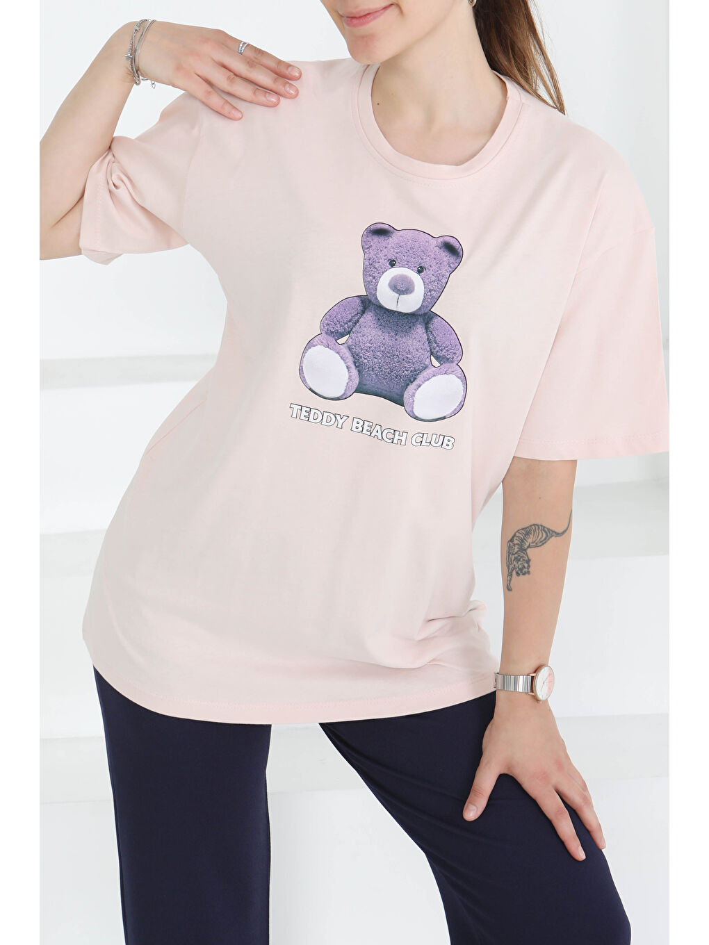 Pembe Baskılı Kısa Kollu T-Şhirt Pudra - 27347-2