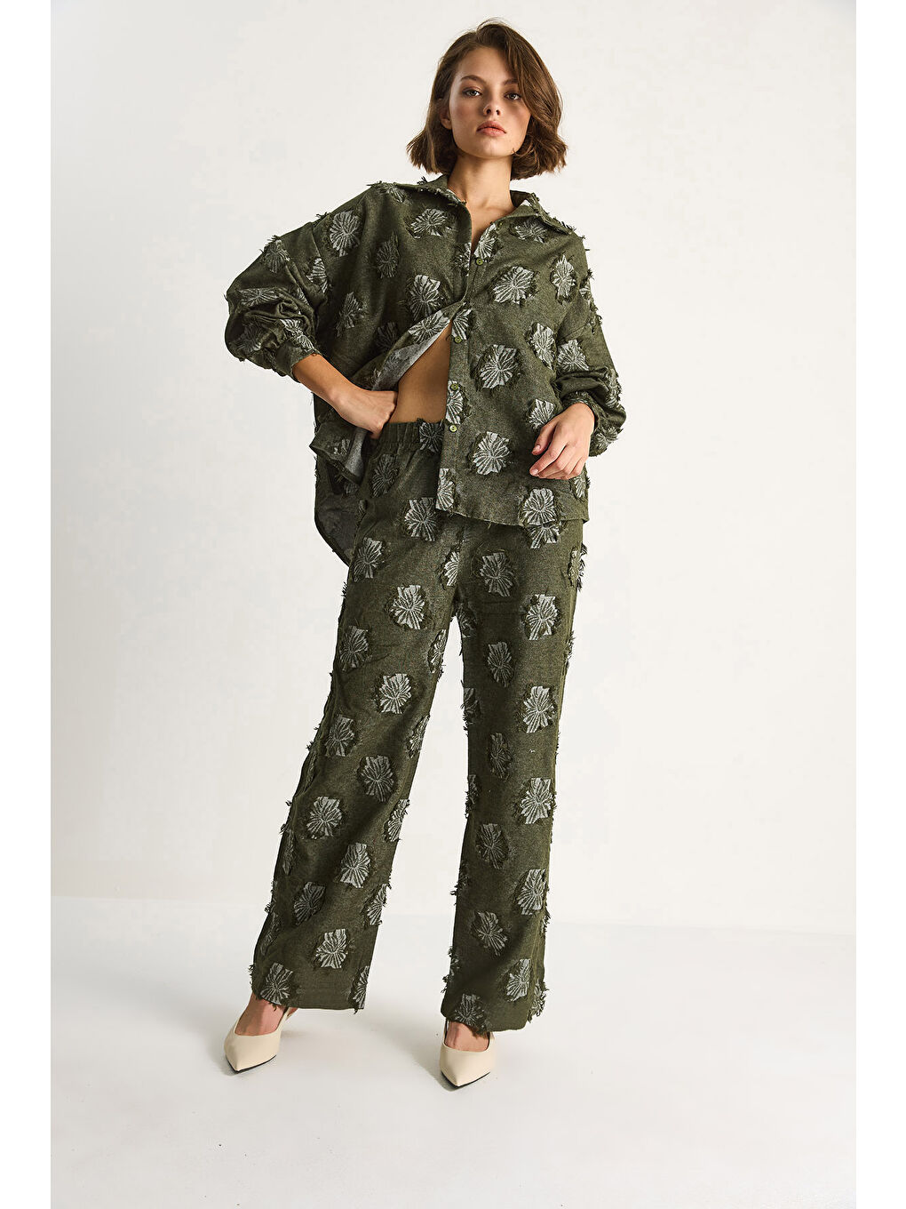 Haki Kadın Oversize Gömlek Beli Lastikli Pantolon Saçaklı Dokuma Alt-Üst Takım-2