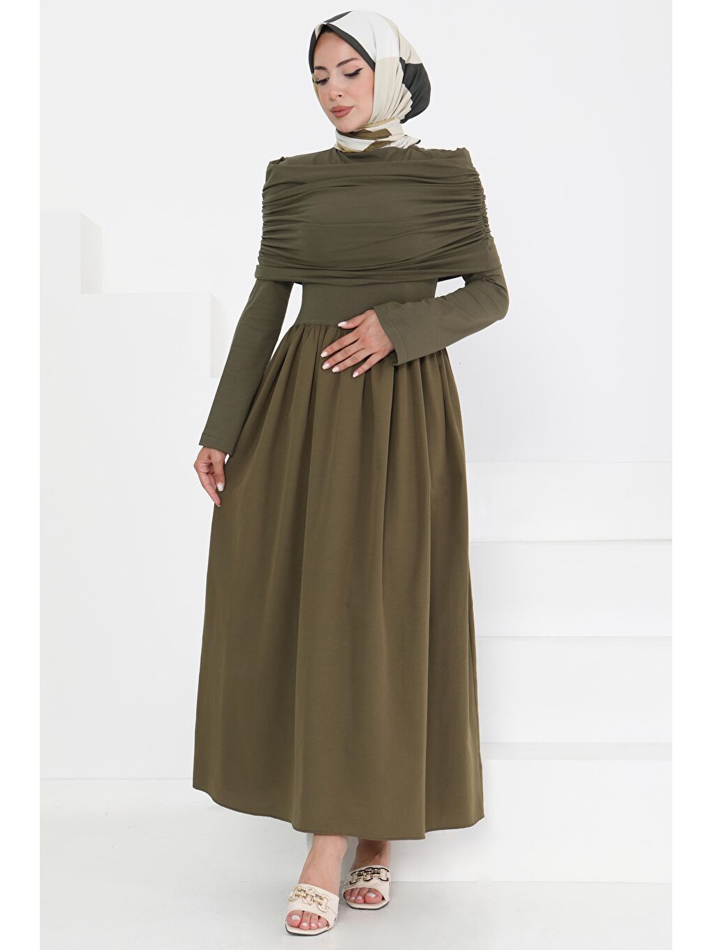 Üstü Şal Detaylı Elbise Haki - 27282