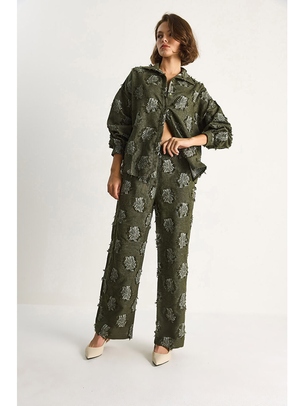 Haki Kadın Oversize Gömlek Beli Lastikli Pantolon Saçaklı Dokuma Alt-Üst Takım-3