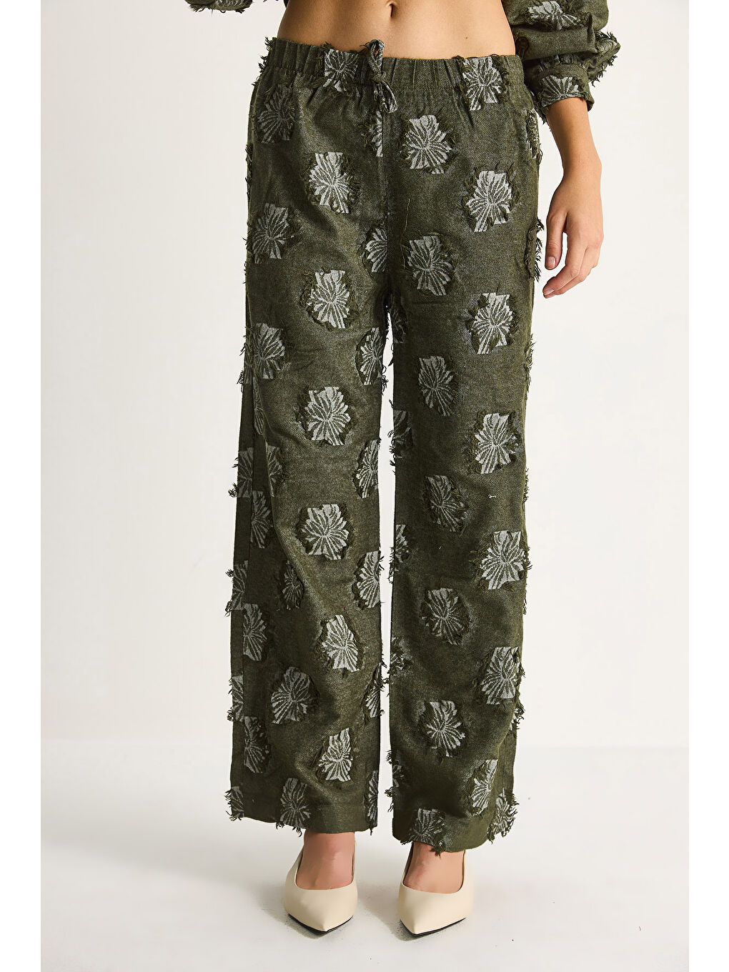 Haki Kadın Oversize Gömlek Beli Lastikli Pantolon Saçaklı Dokuma Alt-Üst Takım-4