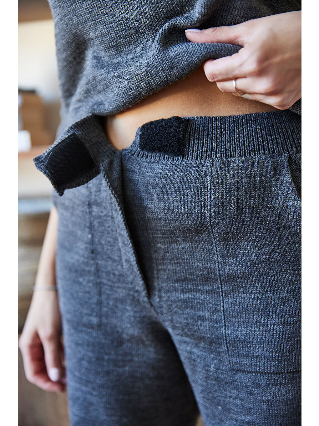 Antrasit Kadın Beli Cırt Detaylı Basic Triko Alt-Üst Takım-3