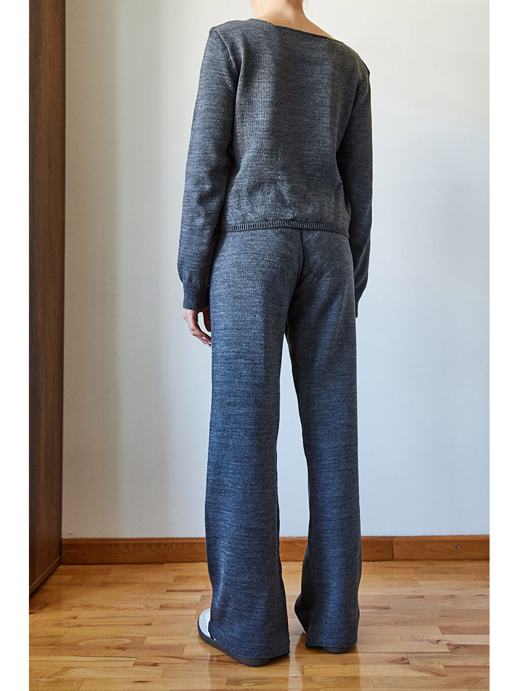 Antrasit Kadın Beli Cırt Detaylı Basic Triko Alt-Üst Takım-4