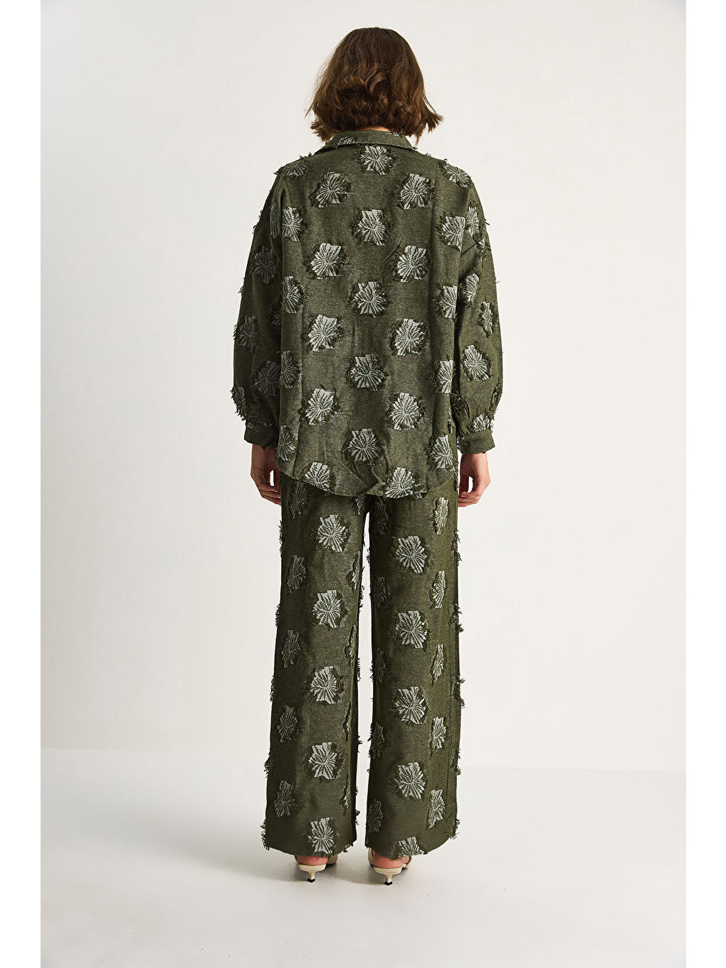 Haki Kadın Oversize Gömlek Beli Lastikli Pantolon Saçaklı Dokuma Alt-Üst Takım-6