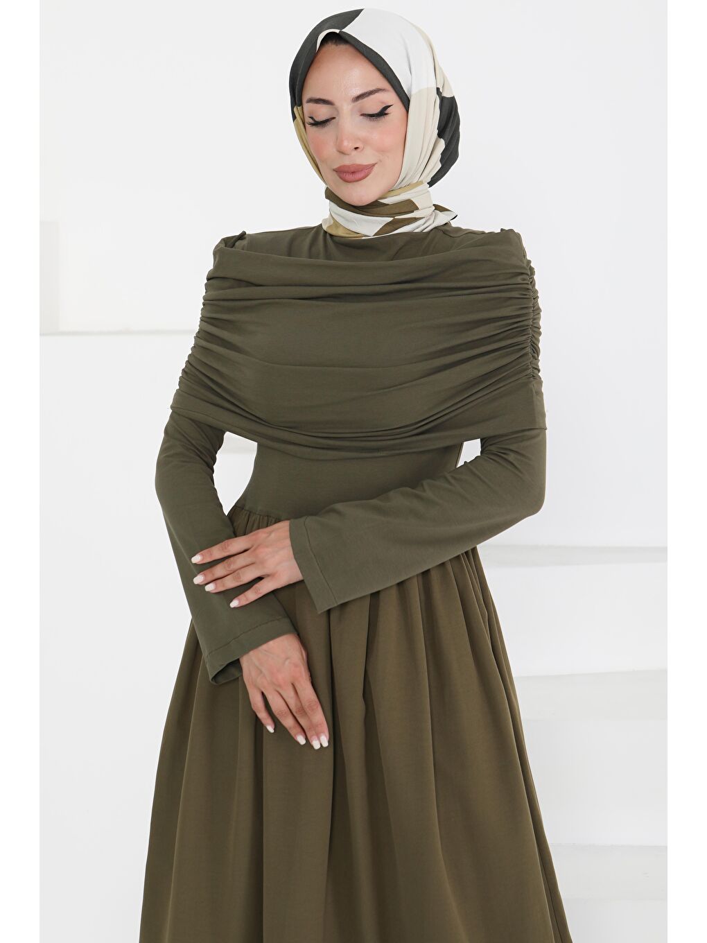 Üstü Şal Detaylı Elbise Haki - 27282-1