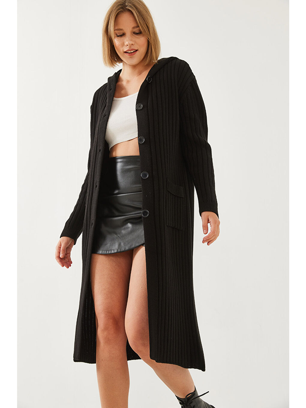 Siyah Kadın Kapüşonlu Cep Detaylı Basic Hırka-2