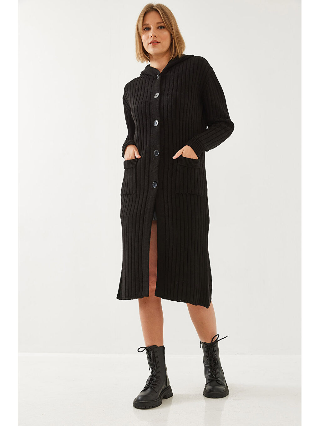 Siyah Kadın Kapüşonlu Cep Detaylı Basic Hırka-4