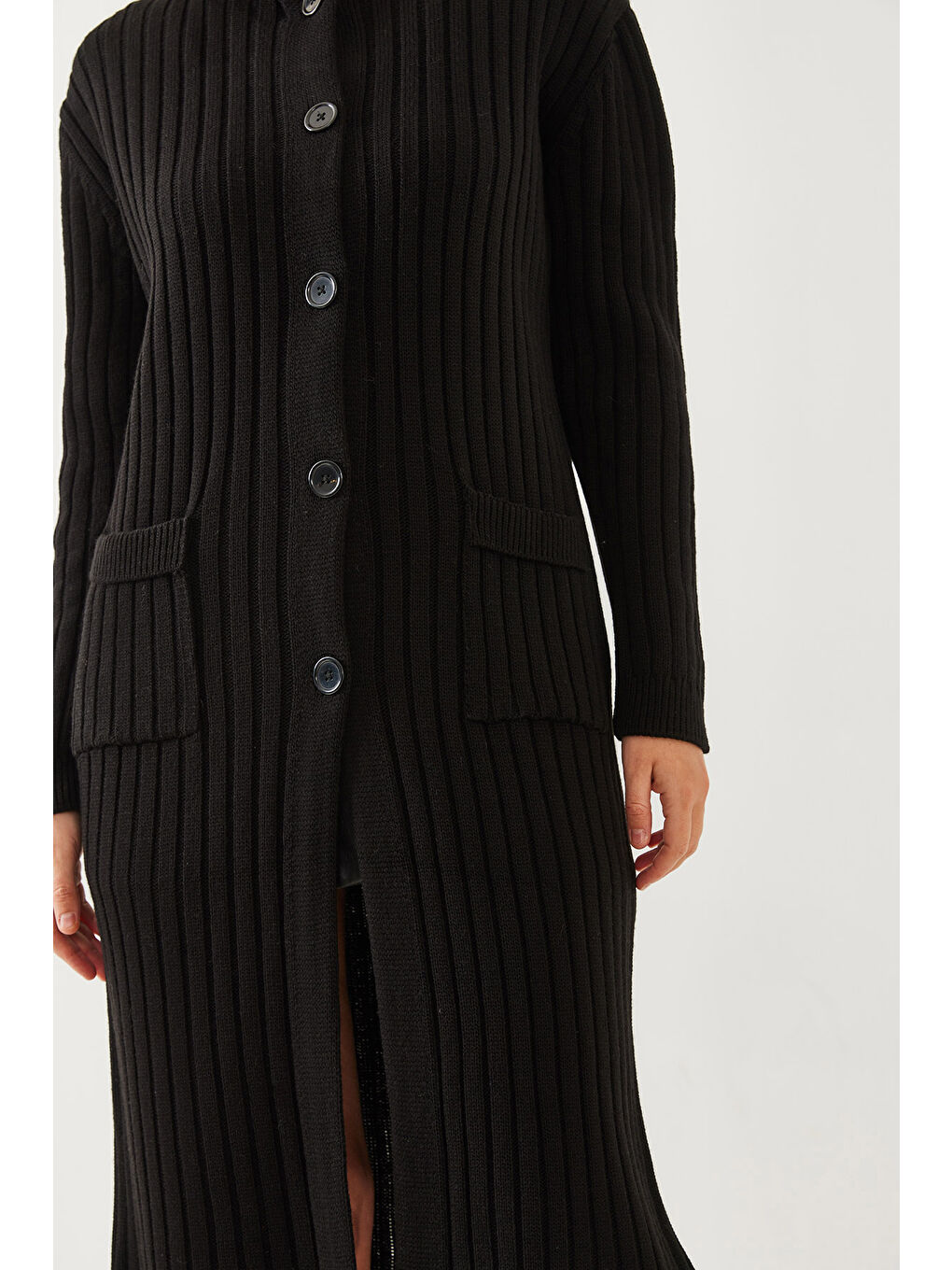 Siyah Kadın Kapüşonlu Cep Detaylı Basic Hırka-5