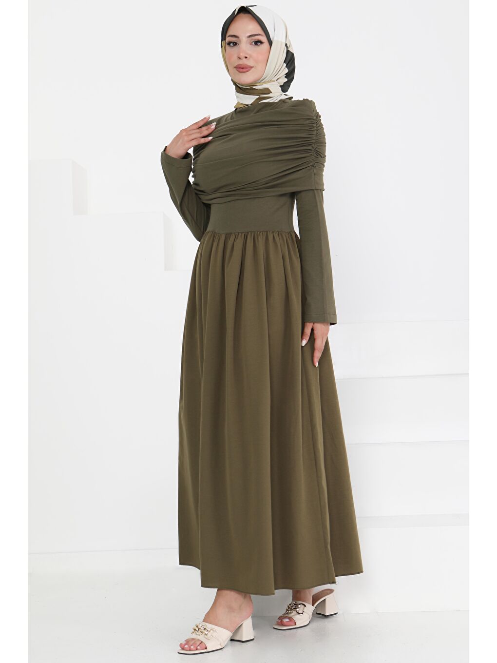 Üstü Şal Detaylı Elbise Haki - 27282-2
