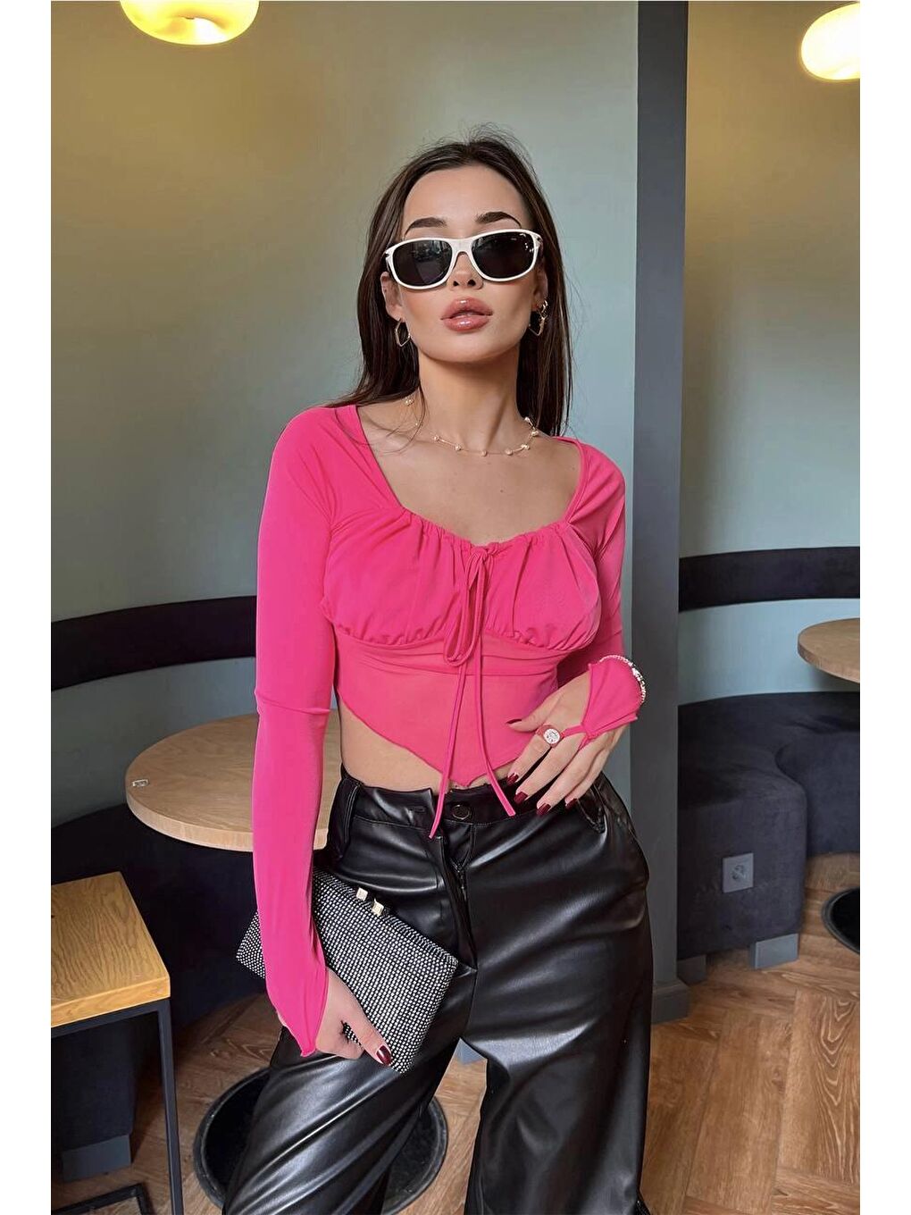 Fuşya Asimetrik Kesim Crop Tül Bluz