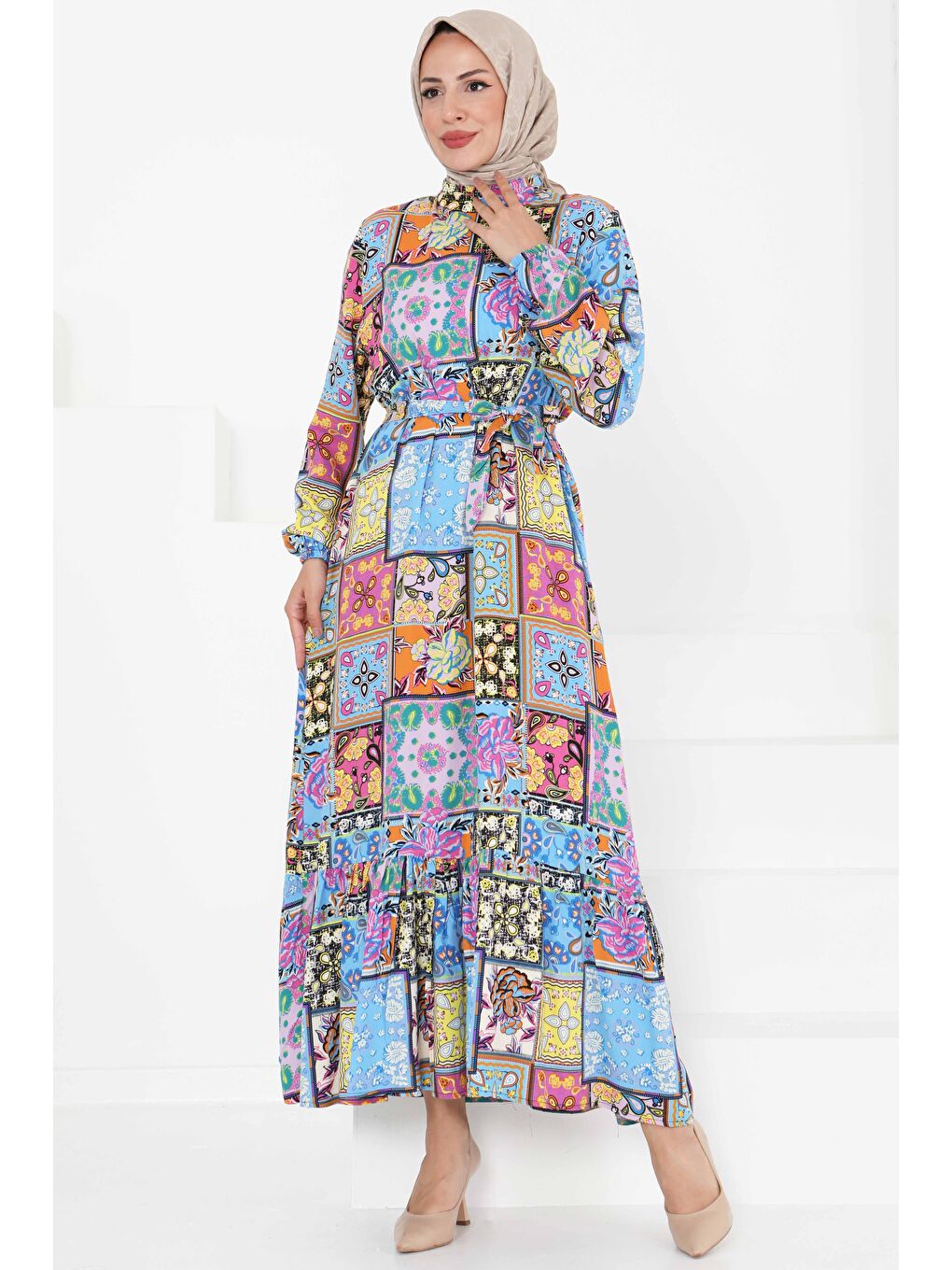 Kuşaklı Desenli Elbise Bebe Mavi - 27422