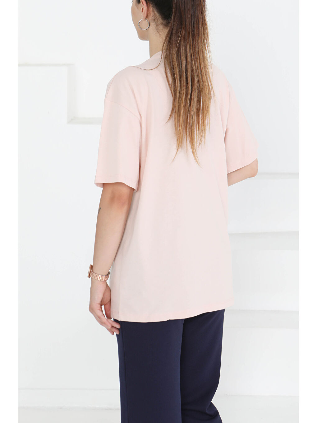 Pembe Baskılı Kısa Kollu T-Şhirt Pudra - 27347-4