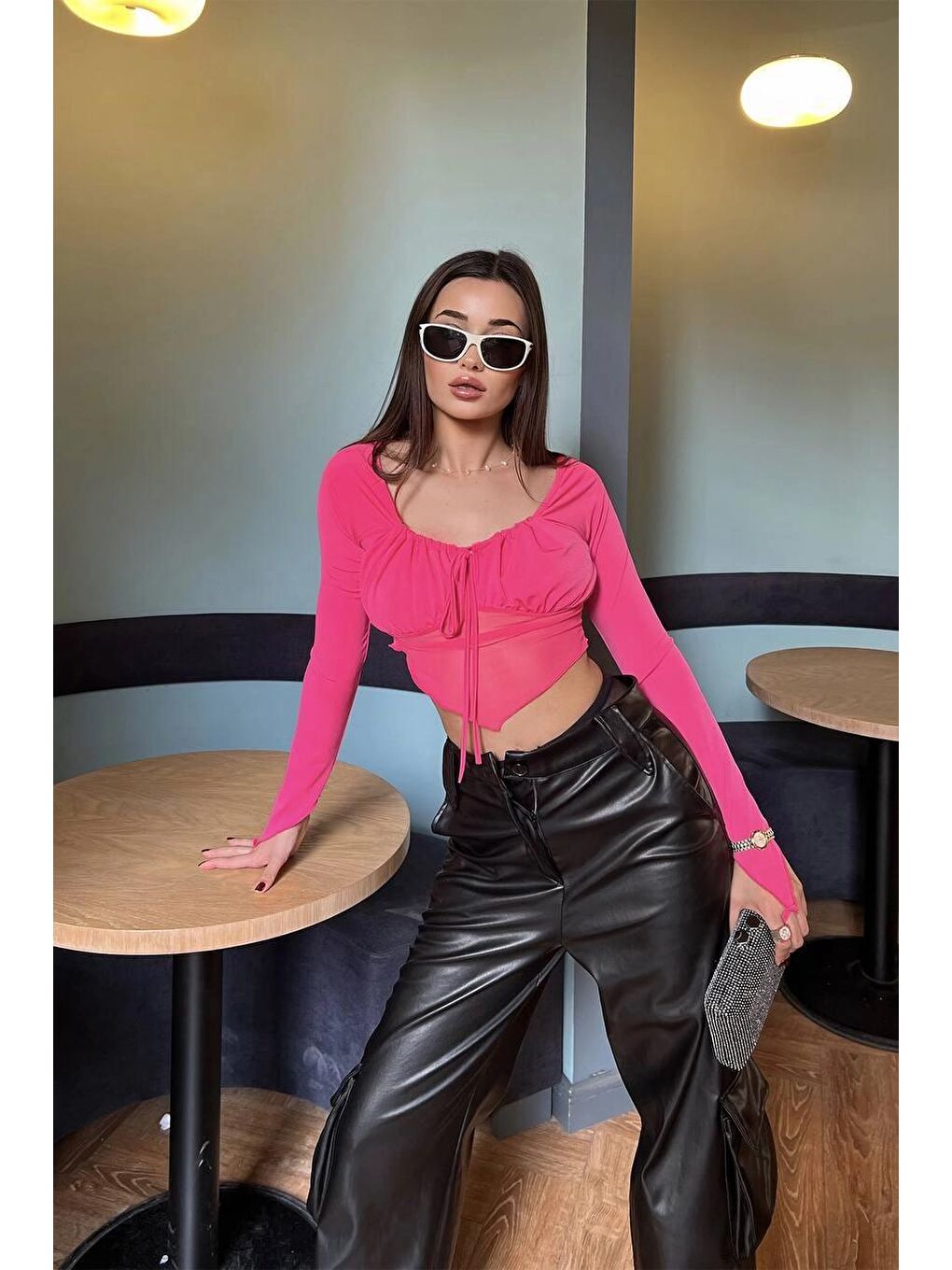 Fuşya Asimetrik Kesim Crop Tül Bluz-1