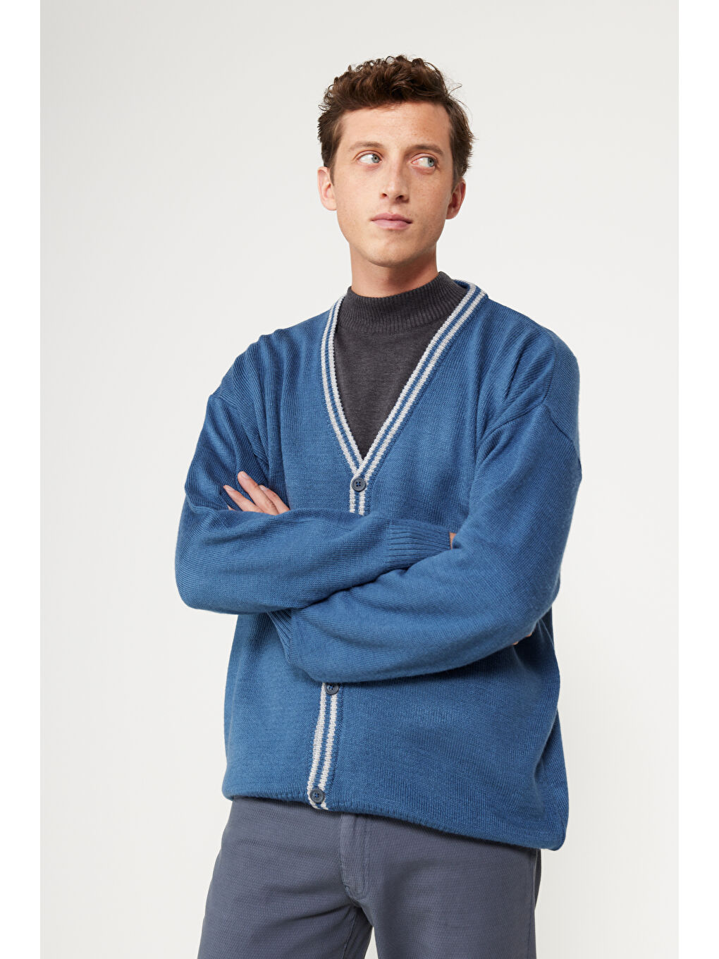 İndigo Erkek INDIGO-GRI MELANJ Standart Fit Normal Kesim V Yaka Triko Hırka-2