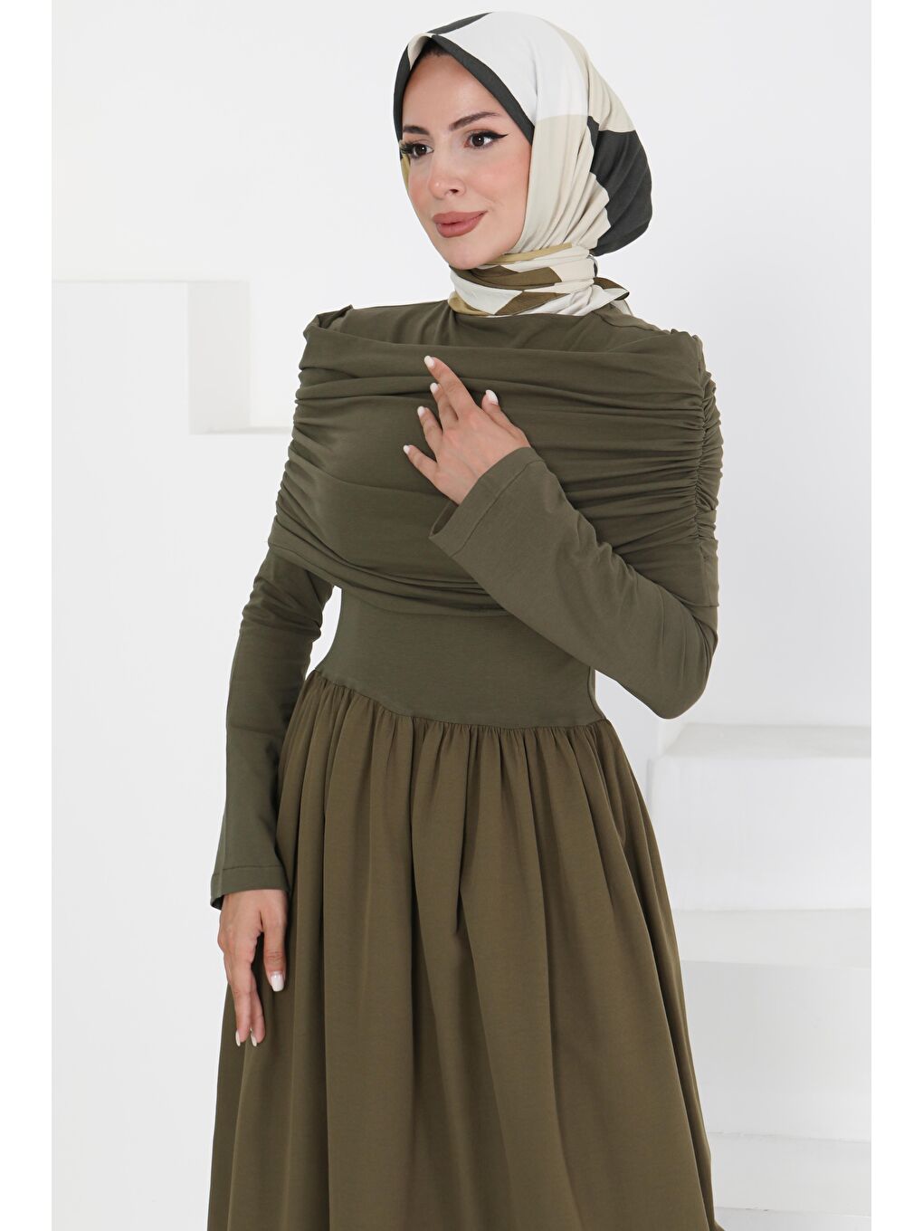 Üstü Şal Detaylı Elbise Haki - 27282-3