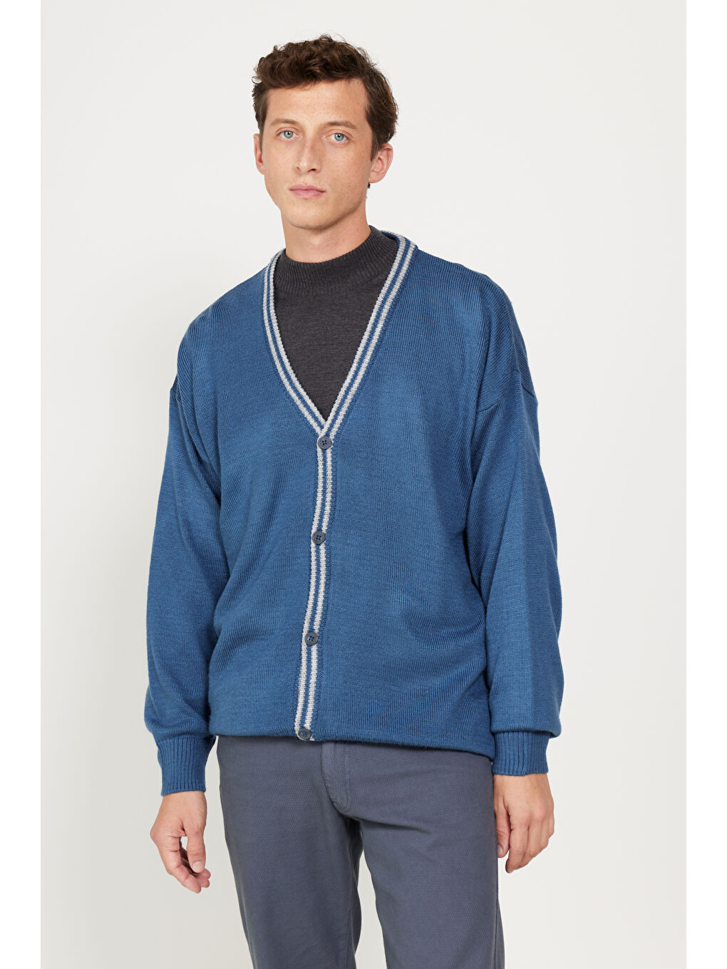 İndigo Erkek INDIGO-GRI MELANJ Standart Fit Normal Kesim V Yaka Triko Hırka-3