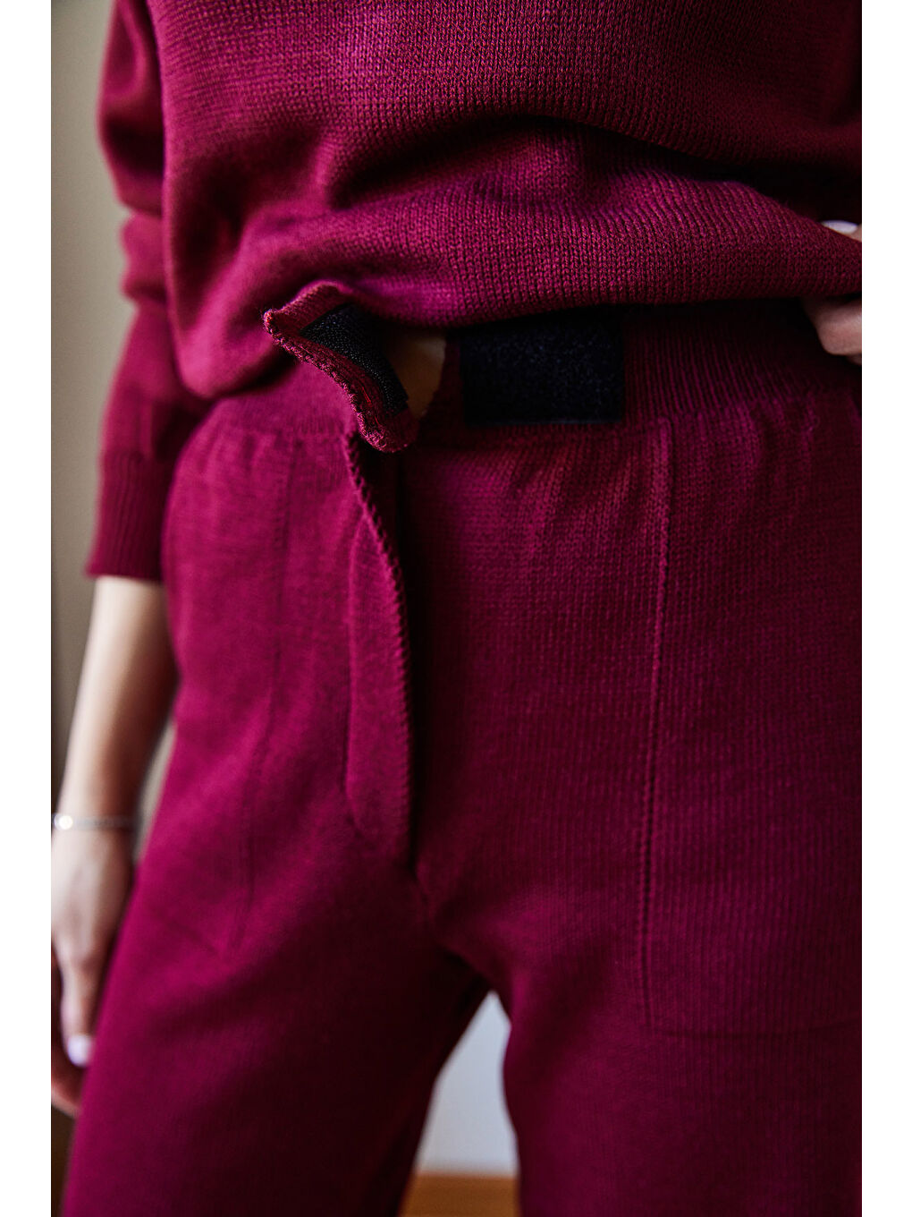 Bordo Kadın Beli Cırt Detaylı Basic Triko Alt-Üst Takım-1