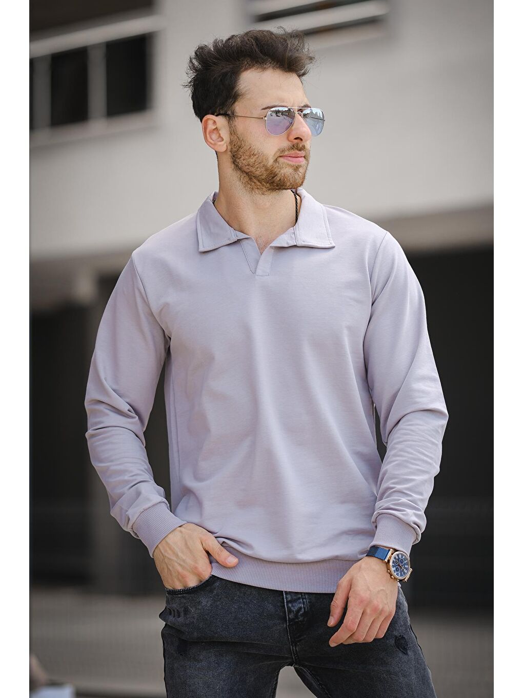 Gri Hoek Slim Fit Polo Yakalı Erkek Sweatshirt