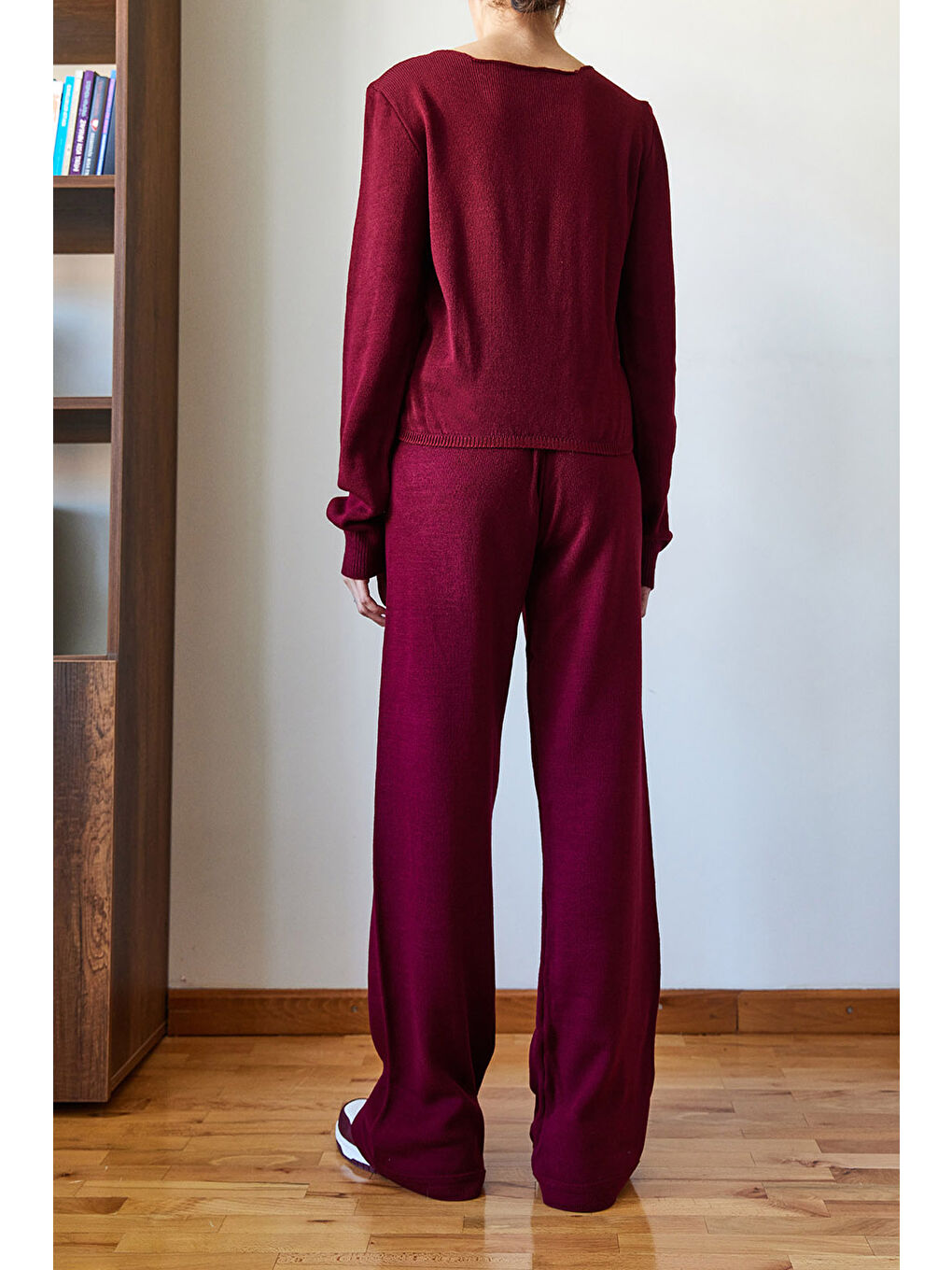 Bordo Kadın Beli Cırt Detaylı Basic Triko Alt-Üst Takım-2