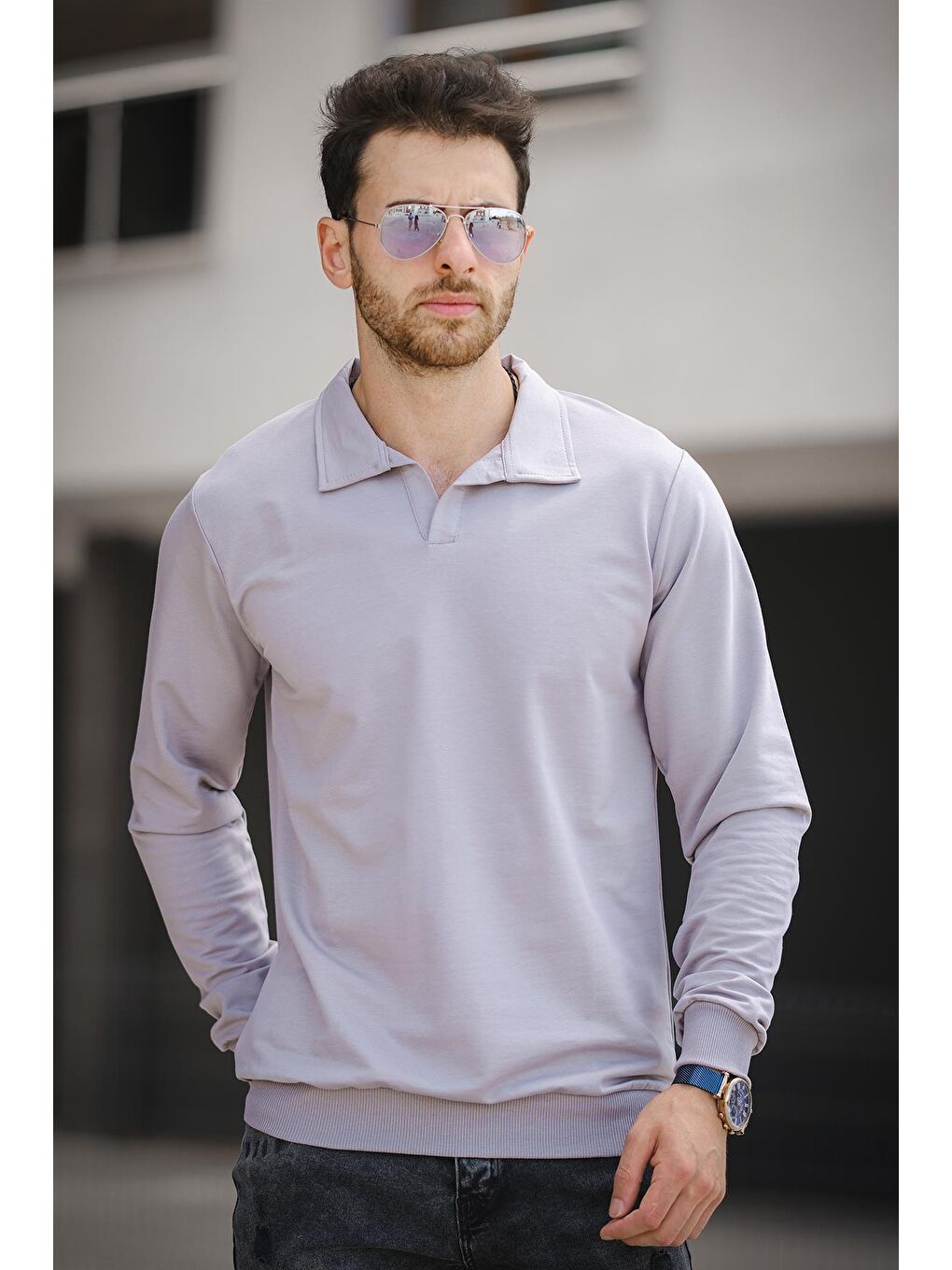 Gri Hoek Slim Fit Polo Yakalı Erkek Sweatshirt-1